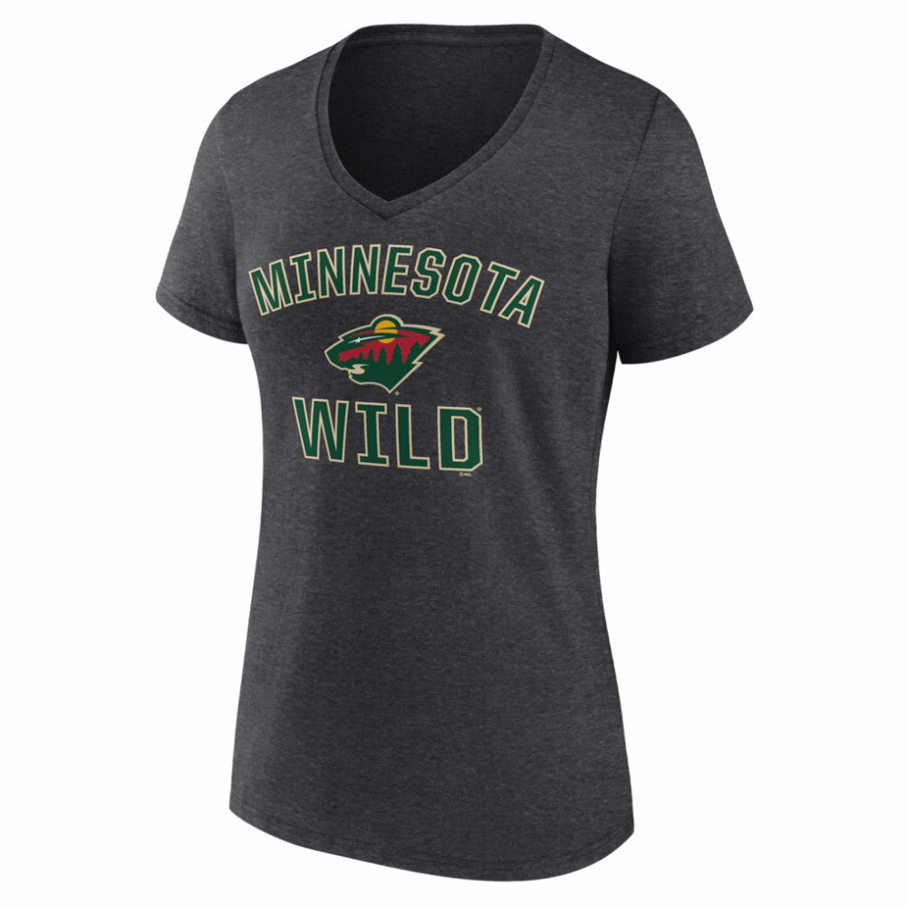 NHL Minnesota Wild Logo Athletic Women's Arch Victory V-Neck T-Shirt - Heather Charcoal