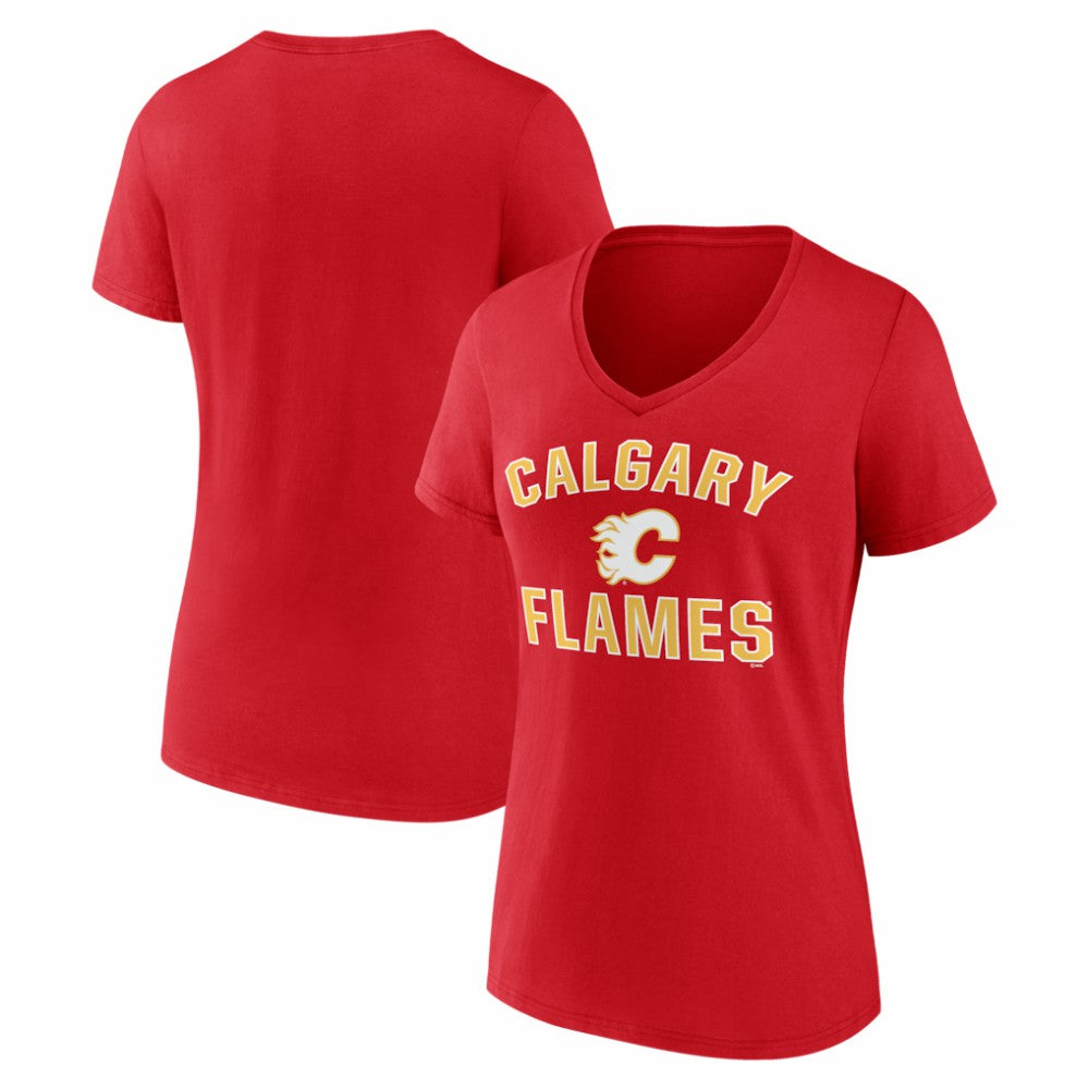 NHL Calgary Flames Logo Athletic Women's Arch Victory V-Neck T-Shirt - Red
