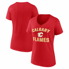 NHL Calgary Flames Logo Athletic Women's Arch Victory V-Neck T-Shirt - Red
