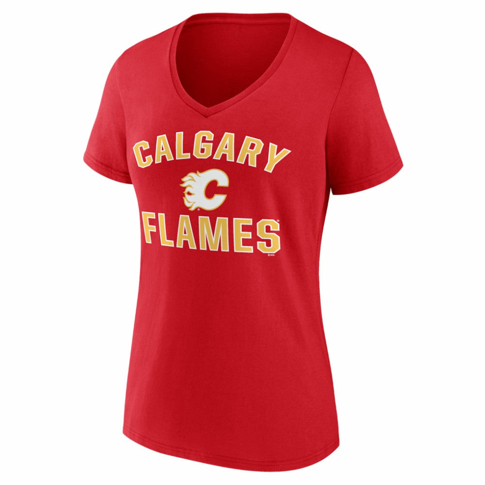 NHL Calgary Flames Logo Athletic Women's Arch Victory V-Neck T-Shirt - Red