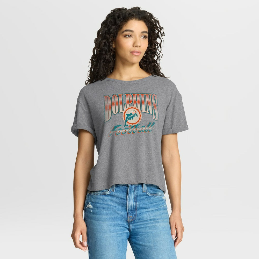 Miami Dolphins Women's Overplayed Tribute Tri-Blend Boxy T-Shirt Heather Gray