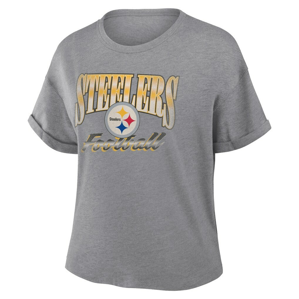 Pittsburgh Steelers Women's Overplayed Tribute Tri-Blend Boxy T-Shirt Heather Gray