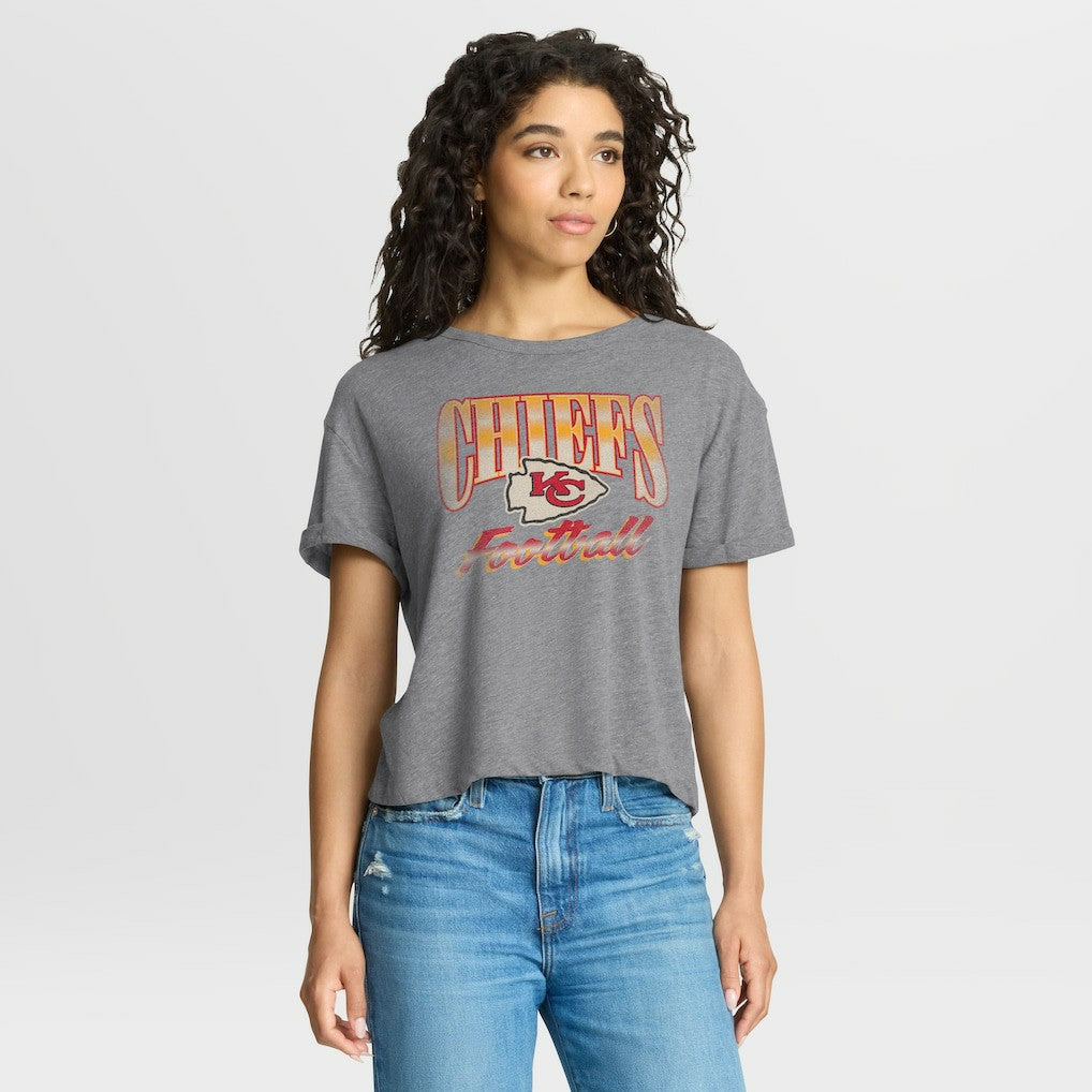 Kansas City Chiefs Women's Overplayed Tribute Tri-Blend Boxy T-Shirt Heather Gray
