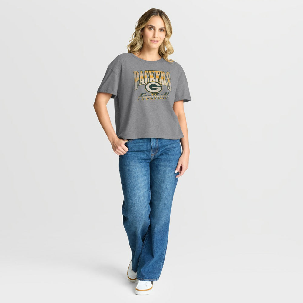 Green Bay Packers Women's Overplayed Tribute Tri-Blend Boxy T-Shirt Heather Gray
