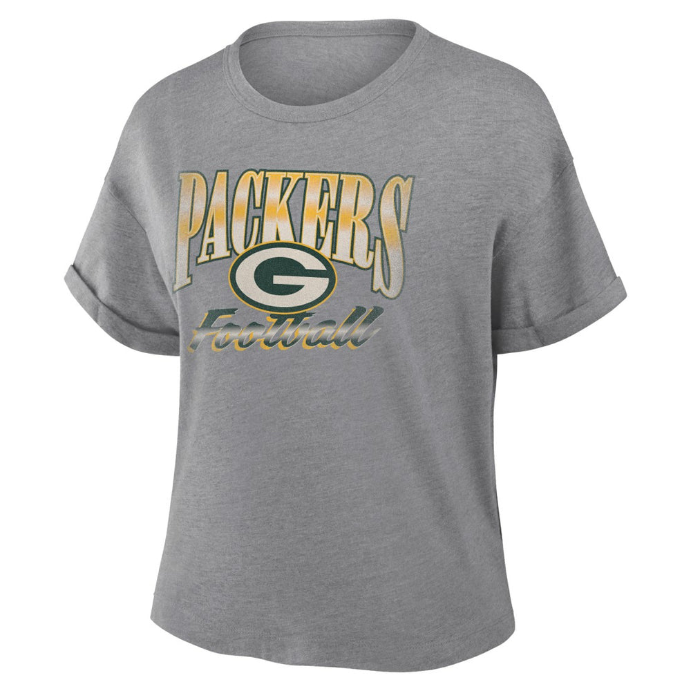 Green Bay Packers Women's Overplayed Tribute Tri-Blend Boxy T-Shirt Heather Gray