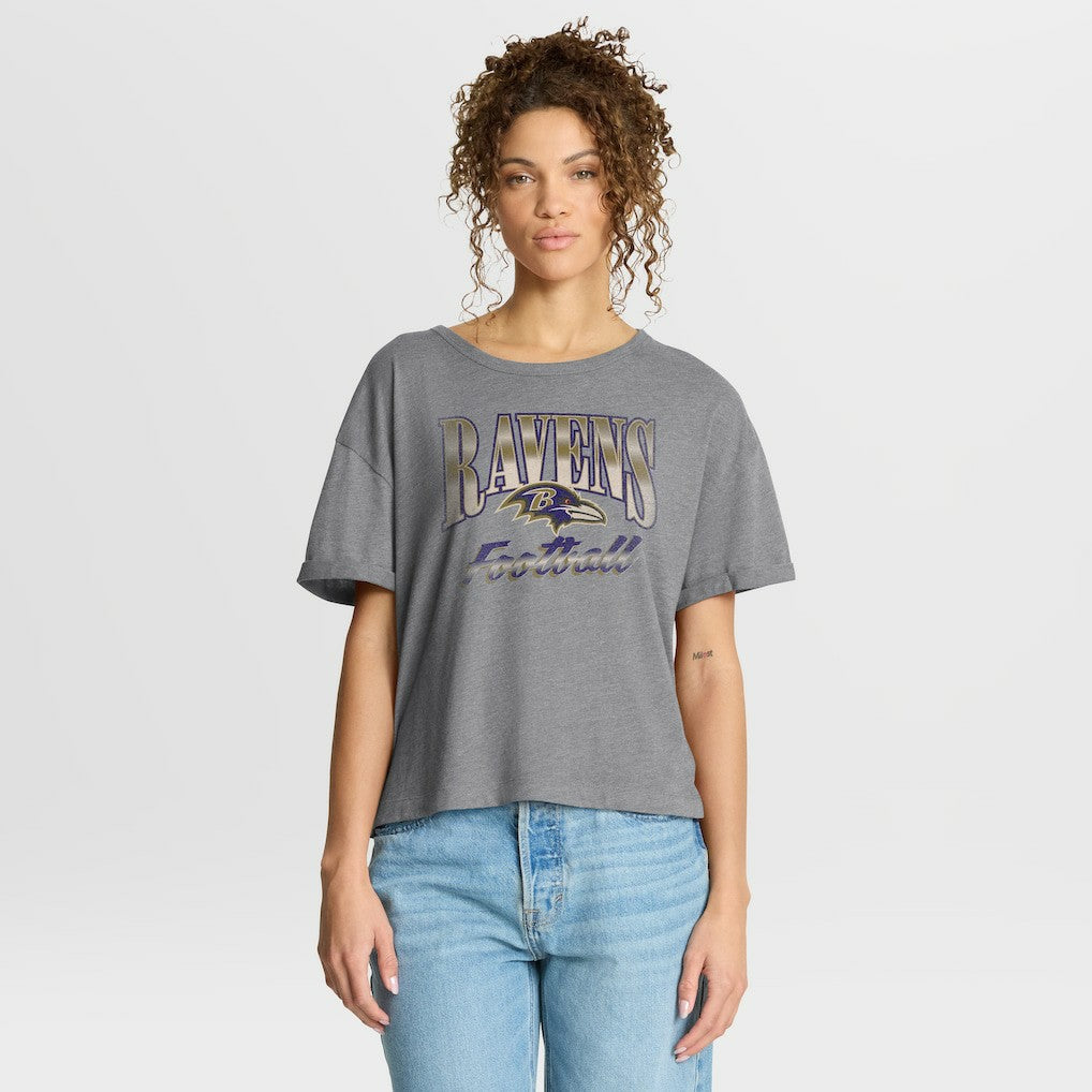 Baltimore Ravens Women's Overplayed Tribute Tri-Blend Boxy T-Shirt Heather Gray
