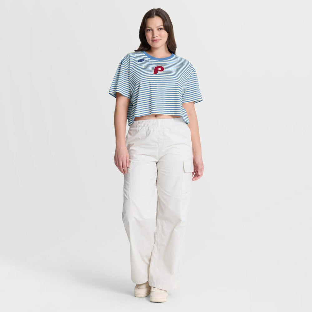 Philadelphia Phillies Nike Women's Cooperstown Collection Striped Cropped T-Shirt - Light Blue/Cream T-shirts