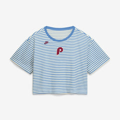 Philadelphia Phillies Nike Women's Cooperstown Collection Striped Cropped T-Shirt - Light Blue/Cream T-shirts