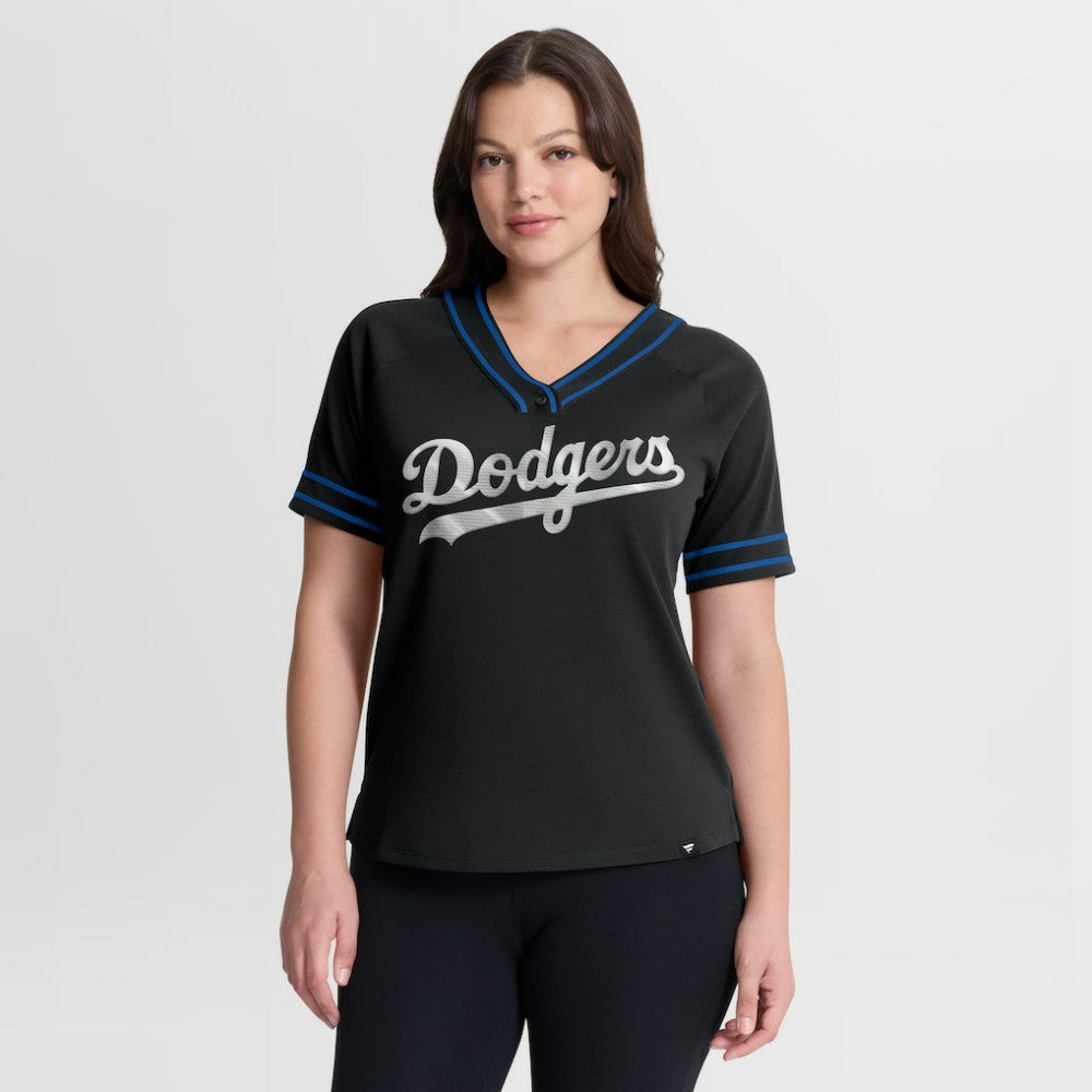 Los Angeles Dodgers Fanatics Women's Diva Race Ahead Raglan V-Neck T-Shirt - Black T-shirts