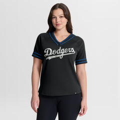 Los Angeles Dodgers Fanatics Women's Diva Race Ahead Raglan V-Neck T-Shirt - Black T-shirts