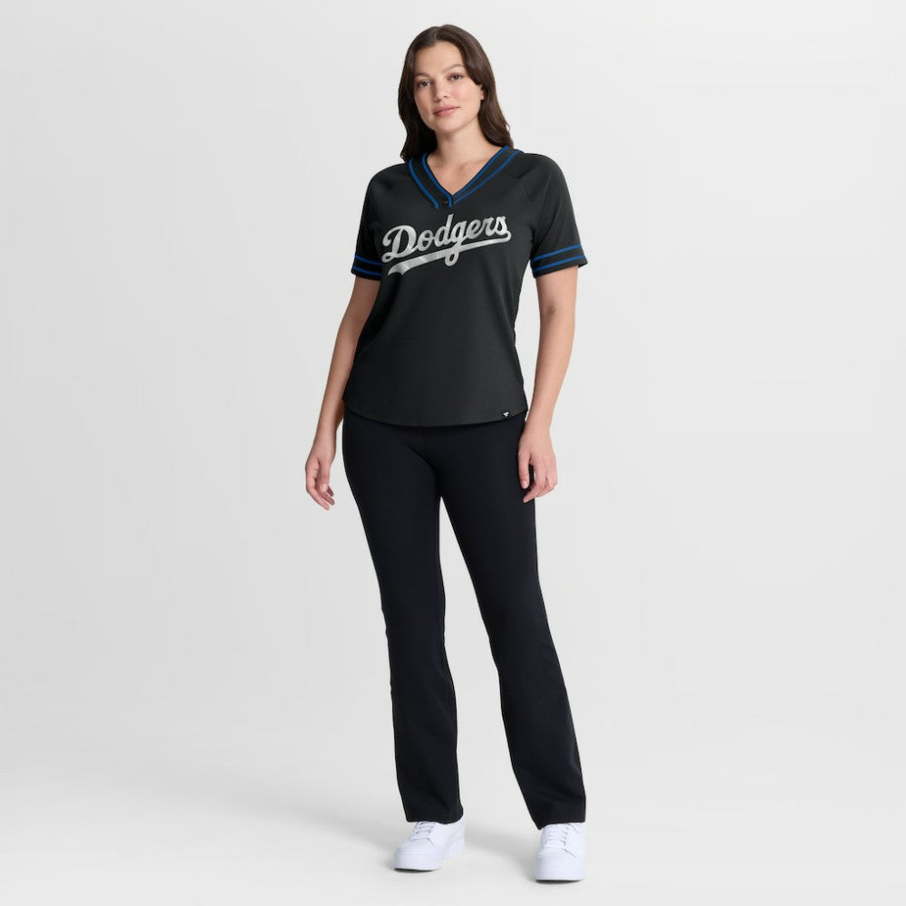 Los Angeles Dodgers Fanatics Women's Diva Race Ahead Raglan V-Neck T-Shirt - Black T-shirts