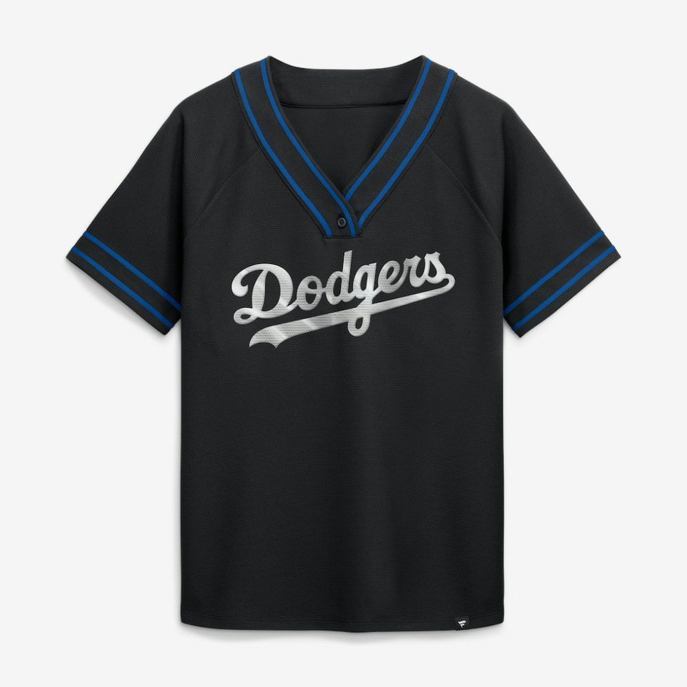 Los Angeles Dodgers Fanatics Women's Diva Race Ahead Raglan V-Neck T-Shirt - Black T-shirts