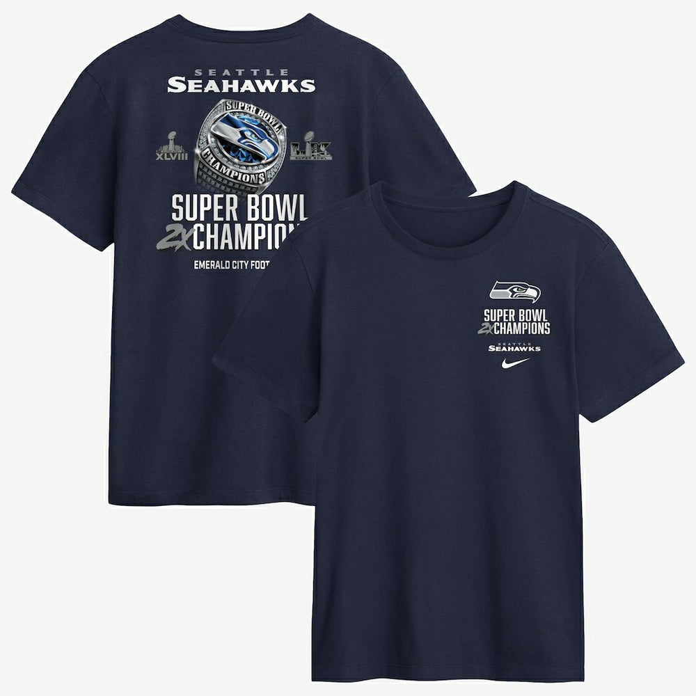 Seattle Seahawks Two-Time Super Bowl Champions Downtown Ring Club T-Shirt College Navy