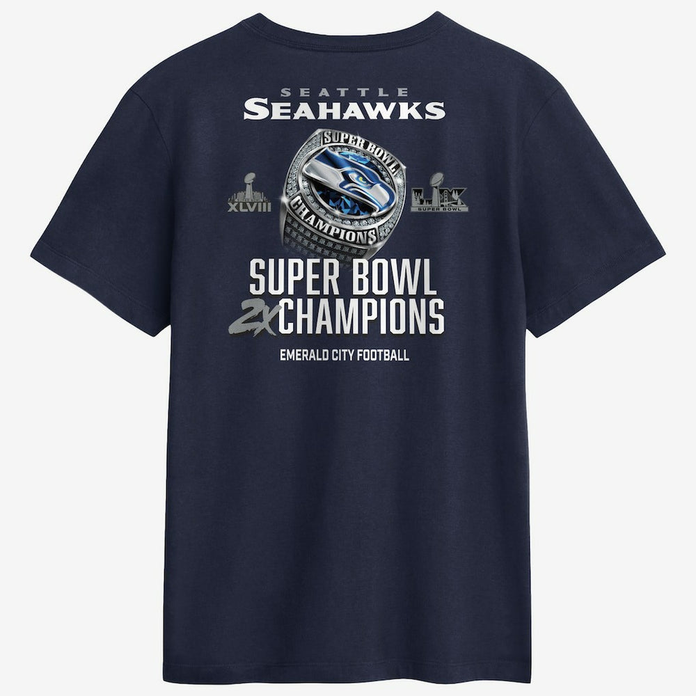 Seattle Seahawks Two-Time Super Bowl Champions Downtown Ring Club T-Shirt College Navy