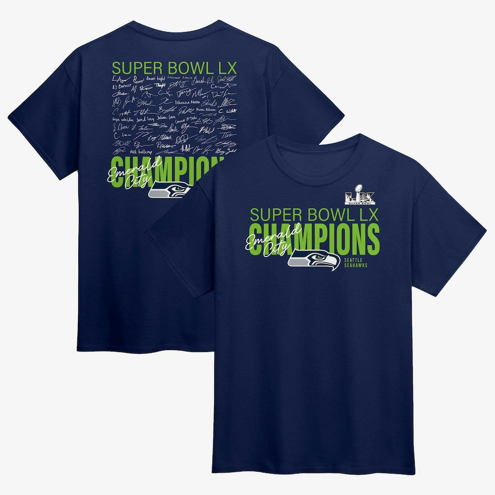 Seattle Seahawks Super Bowl LX Champions Autograph Signing Roster T-Shirt College Navy