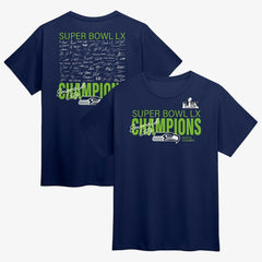Seattle Seahawks Super Bowl LX Champions Autograph Signing Roster T-Shirt College Navy