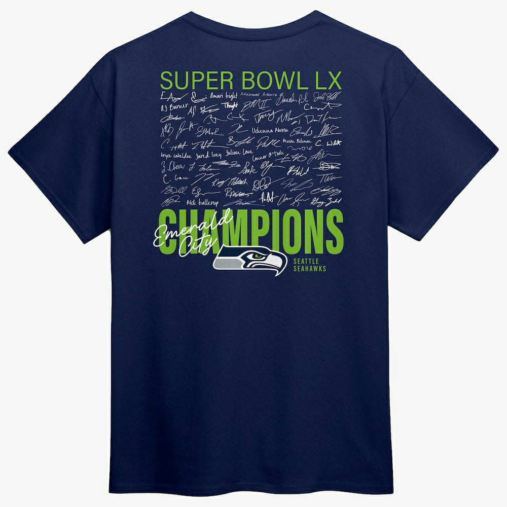 Seattle Seahawks Super Bowl LX Champions Autograph Signing Roster T-Shirt College Navy