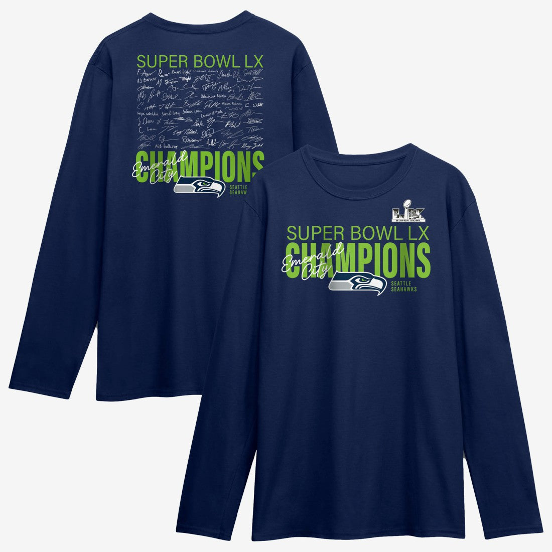 Seattle Seahawks Super Bowl LX Champions Autograph Signing Long Sleeve Roster T-Shirt College Navy