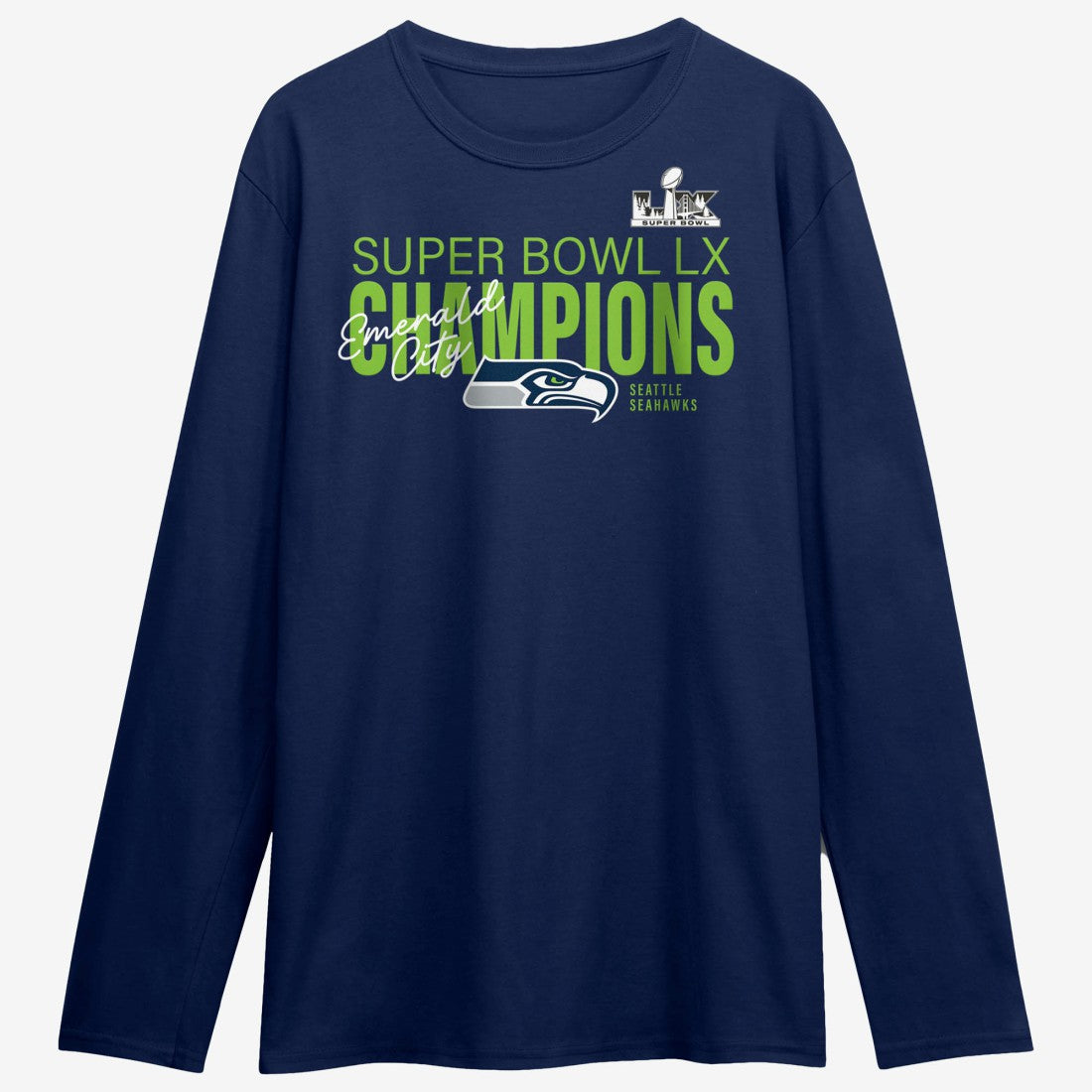 Seattle Seahawks Super Bowl LX Champions Autograph Signing Long Sleeve Roster T-Shirt College Navy