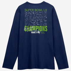 Seattle Seahawks Super Bowl LX Champions Autograph Signing Long Sleeve Roster T-Shirt College Navy