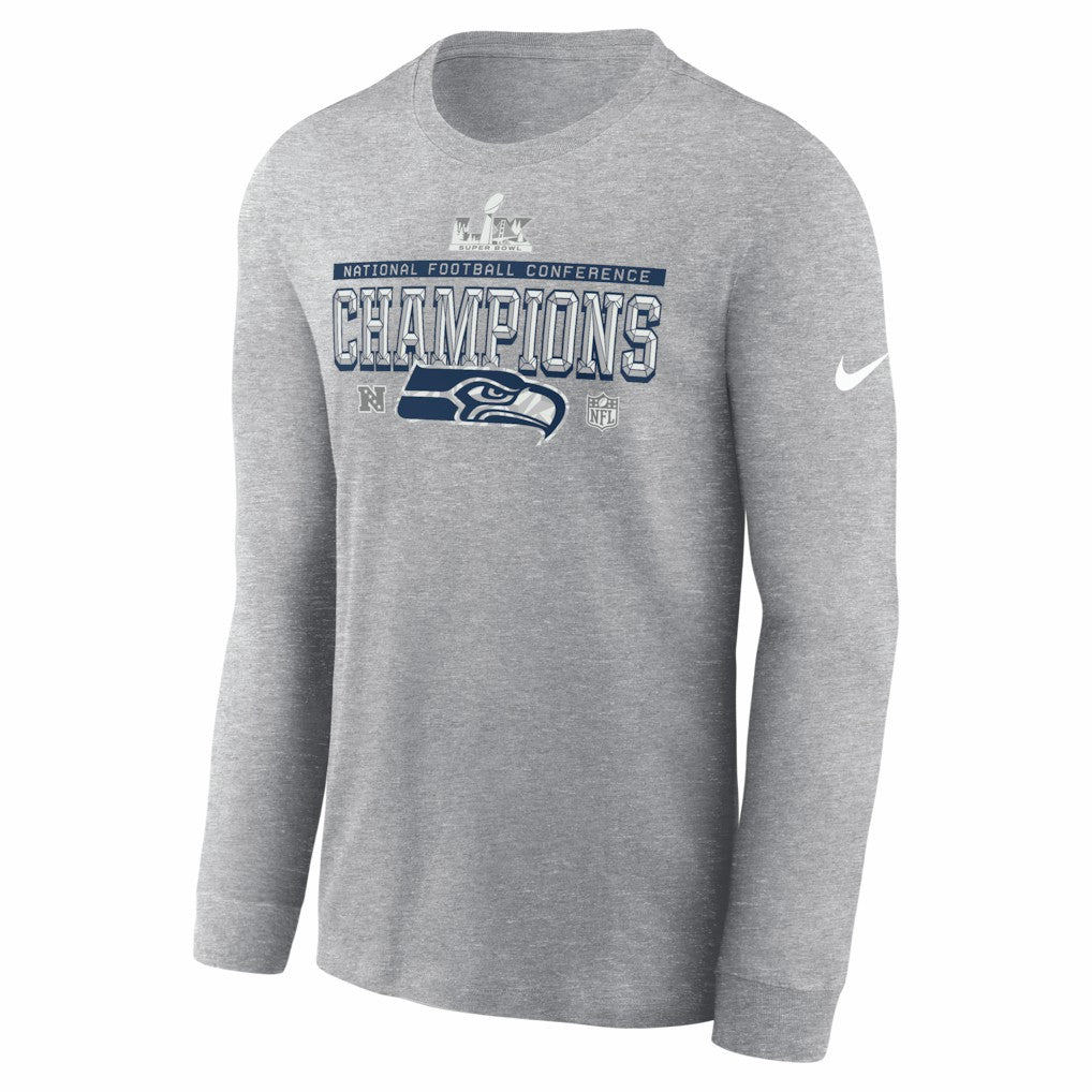 Seattle Seahawks 2025 NFC Champions Locker Room Trophy Collection Long Sleeve T-Shirt Heather Gray