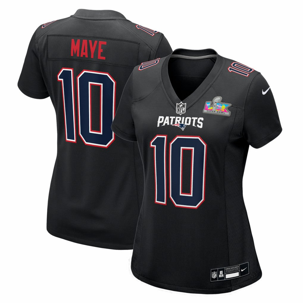 NFL Drake Maye New England Patriots Women's Super Bowl LX Patch Carbon Fashion Game Jersey - Black