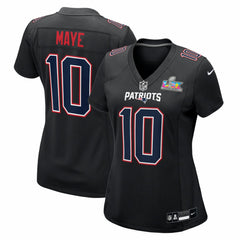 NFL Drake Maye New England Patriots Women's Super Bowl LX Patch Carbon Fashion Game Jersey - Black