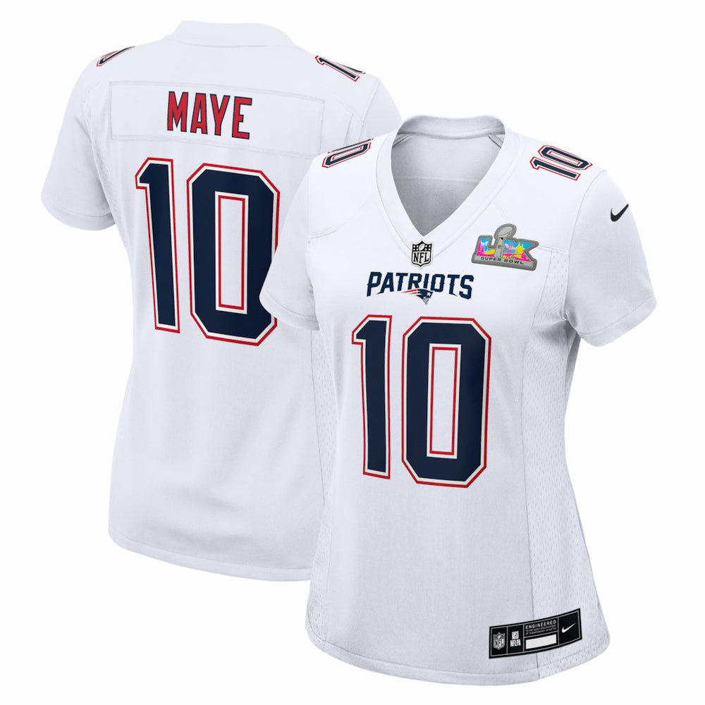 NFL Drake Maye New England Patriots Women's Super Bowl LX Patch Tundra Fashion Game Jersey - White