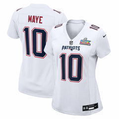 NFL Drake Maye New England Patriots Women's Super Bowl LX Patch Tundra Fashion Game Jersey - White