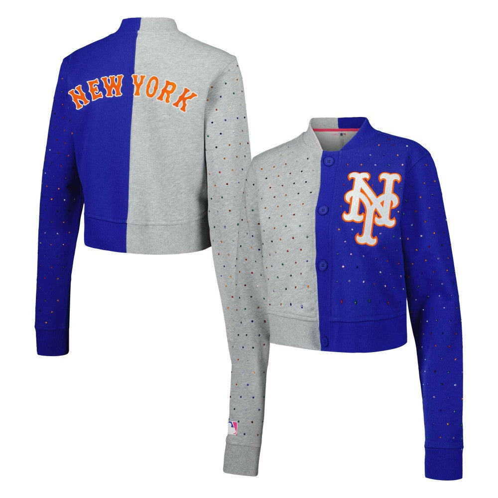 New York Mets Terez Women's Cropped Button-Up Cardigan - Gray/Royal