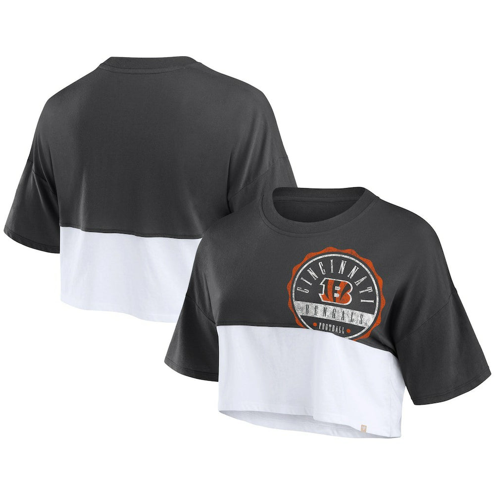 Cincinnati Bengals Women's Boxy Color Split Cropped T-Shirt Black/White