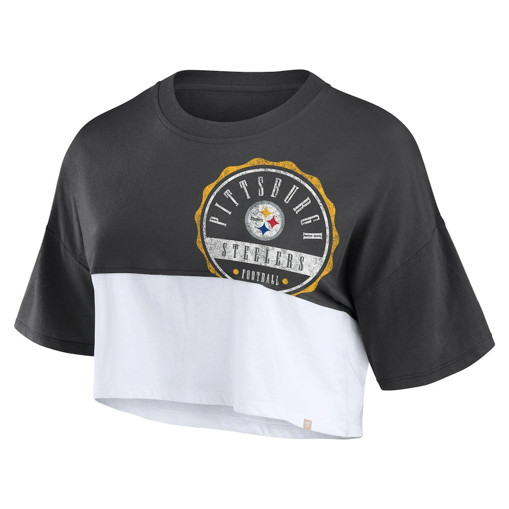Pittsburgh Steelers Women's Boxy Color Split Cropped T-Shirt Black/White