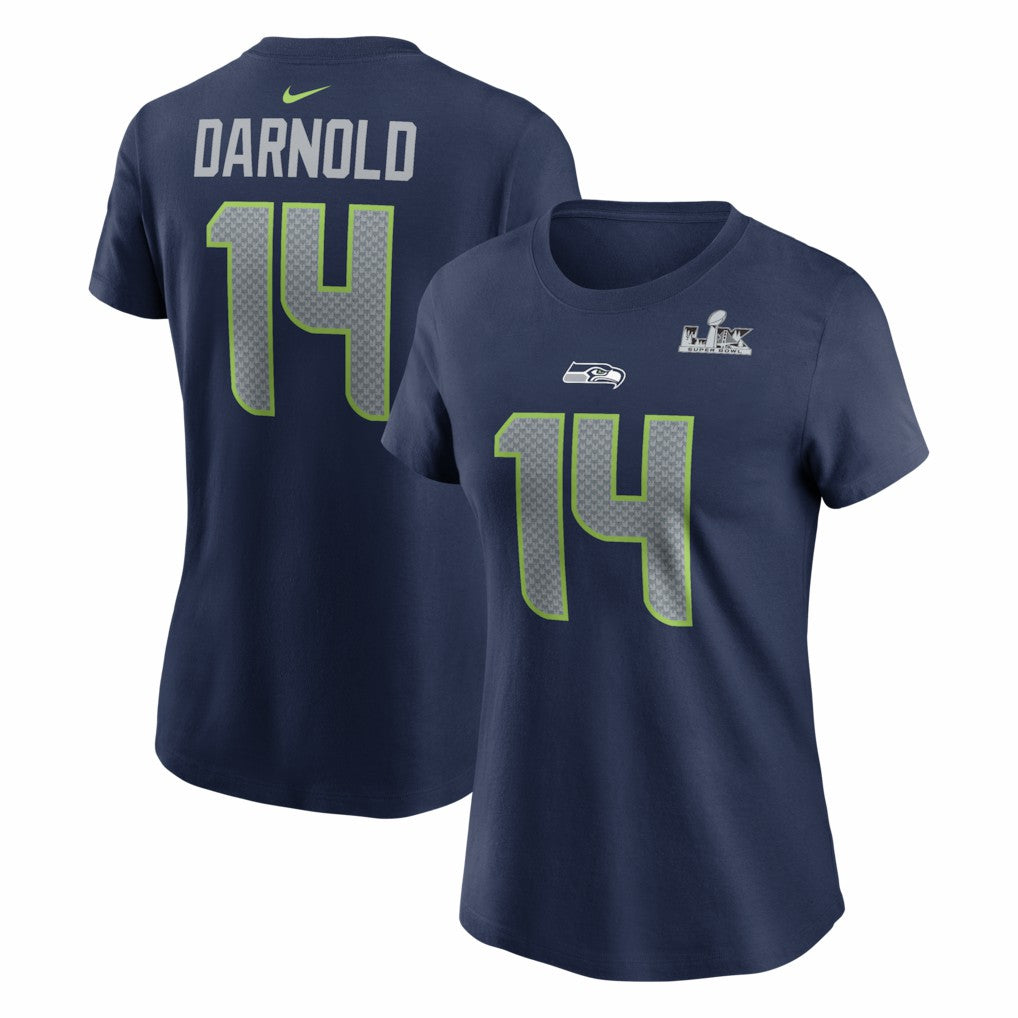 Sam Darnold Seattle Seahawks Women's Super Bowl LX Patch Name & Number T-Shirt College Navy