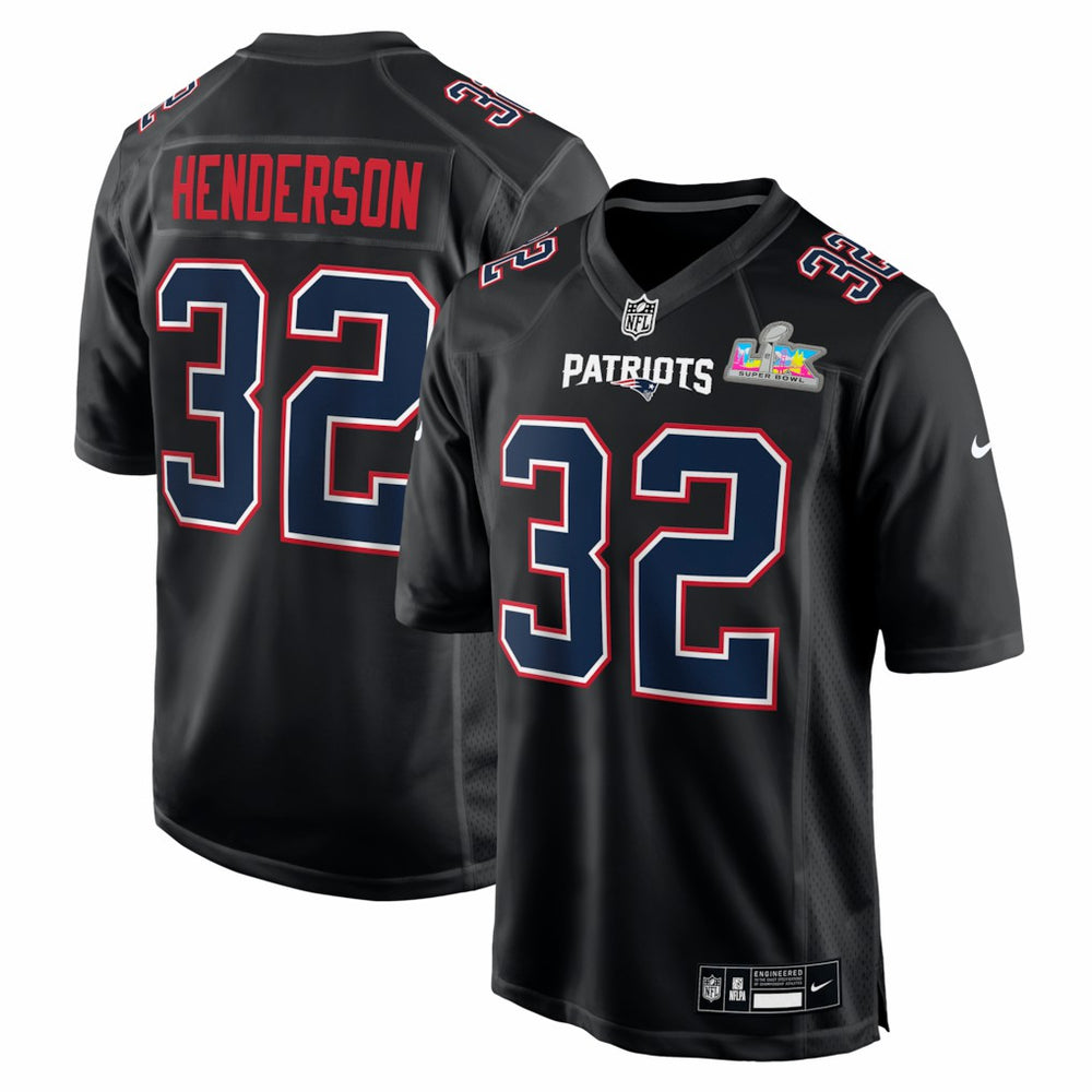 NFL TreVeyon Henderson New England Patriots Super Bowl LX Patch Carbon Fashion Game Jersey - Black