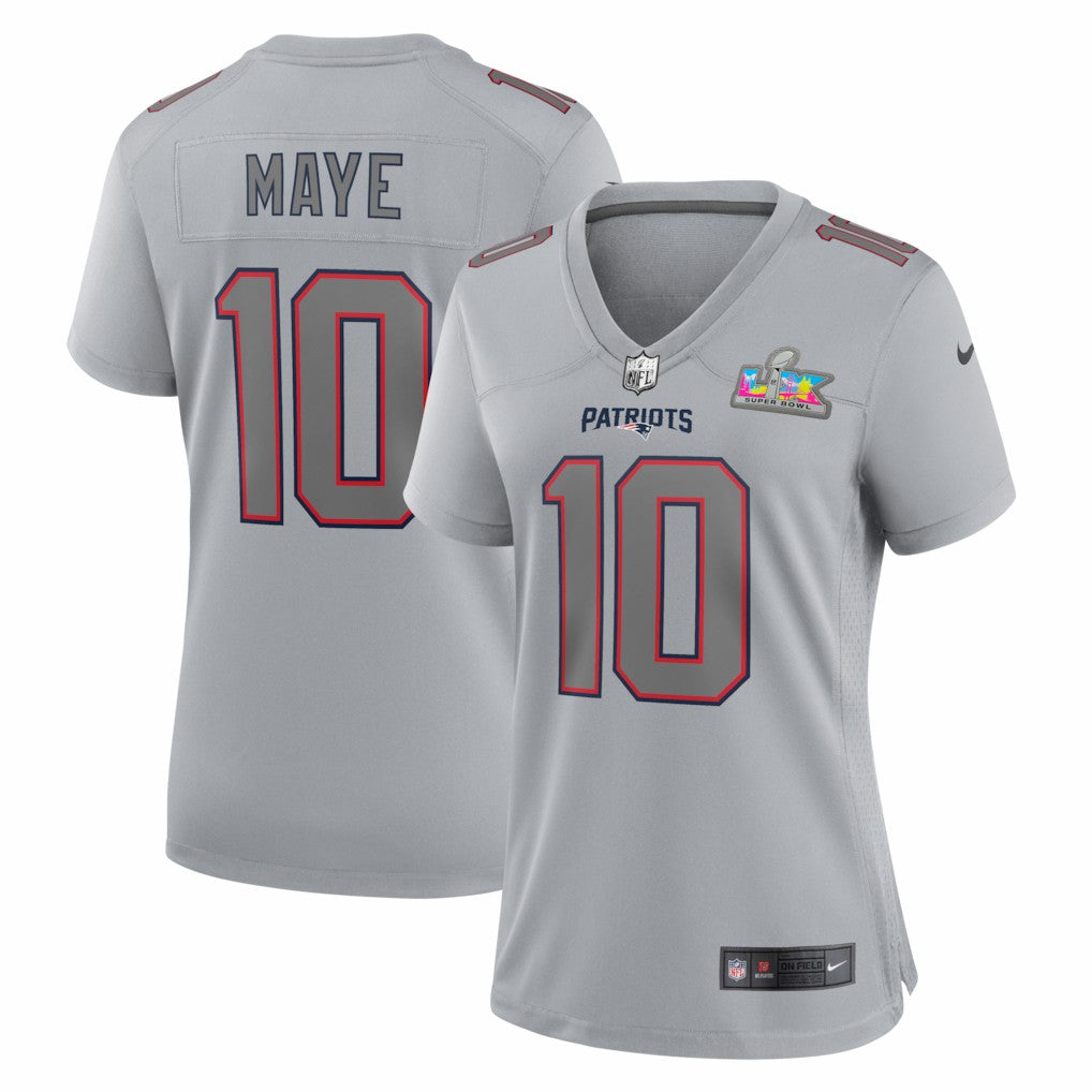 NFL Drake Maye New England Patriots Women's Super Bowl LX Patch Atmosphere Fashion Game Jersey - Silver