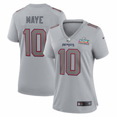 NFL Drake Maye New England Patriots Women's Super Bowl LX Patch Atmosphere Fashion Game Jersey - Silver