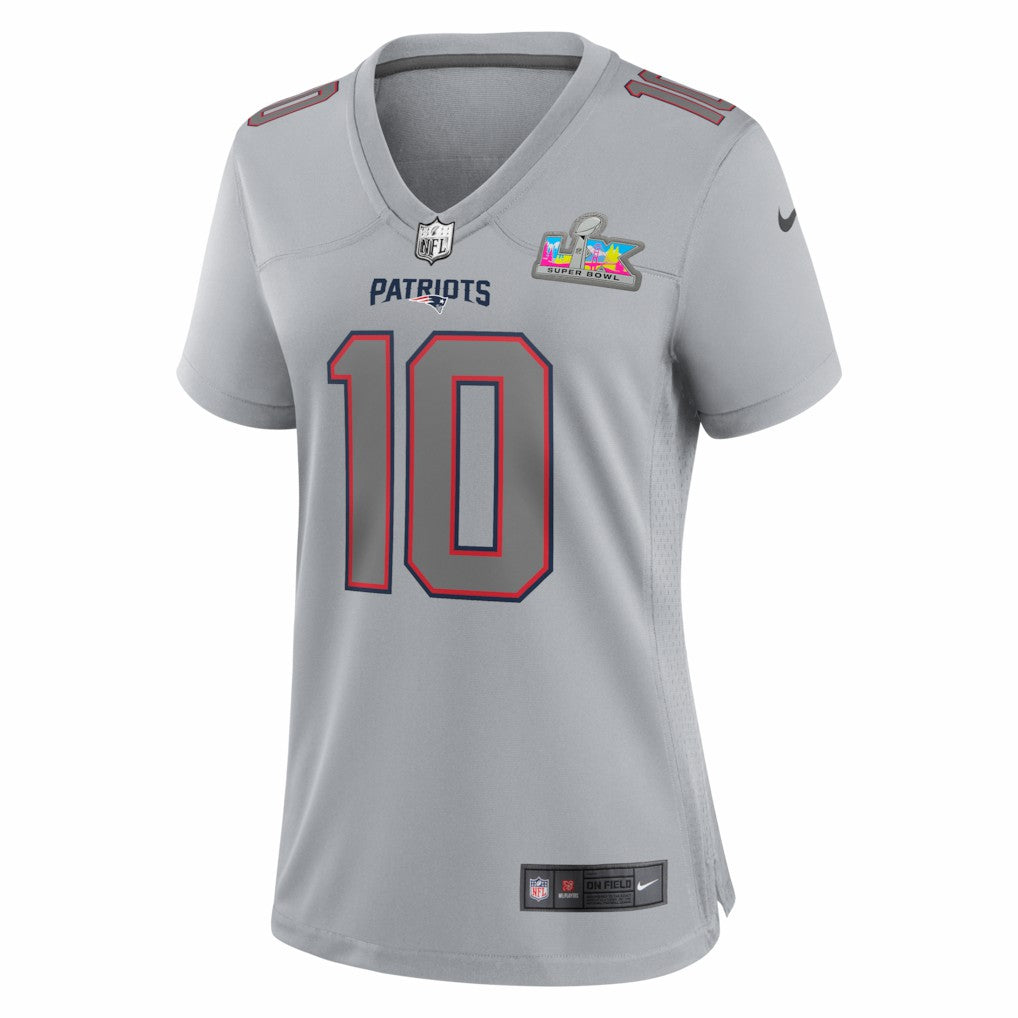 NFL Drake Maye New England Patriots Women's Super Bowl LX Patch Atmosphere Fashion Game Jersey - Silver