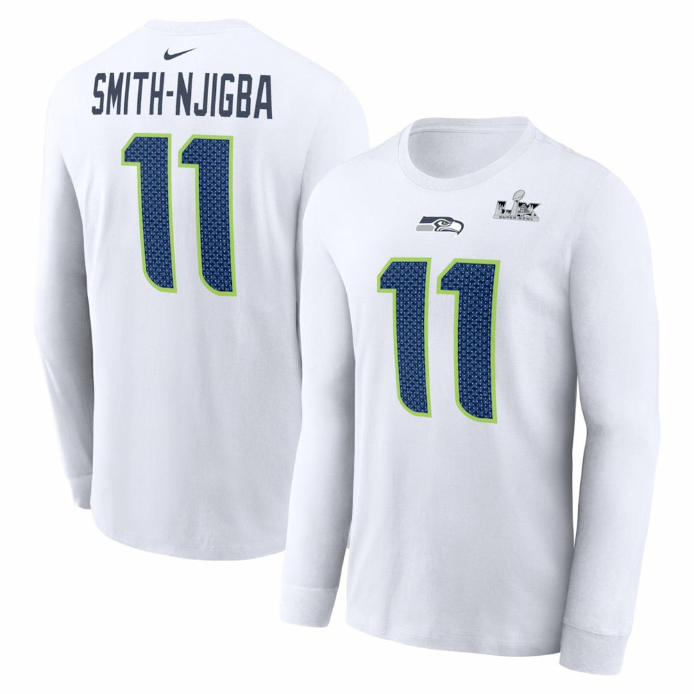 Jaxon Smith-Njigba Seattle Seahawks Super Bowl LX Champions Patch Name & Number Long Sleeve T-Shirt White