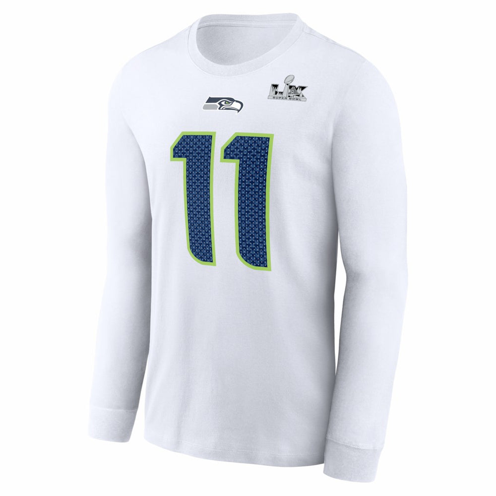 Jaxon Smith-Njigba Seattle Seahawks Super Bowl LX Champions Patch Name & Number Long Sleeve T-Shirt White