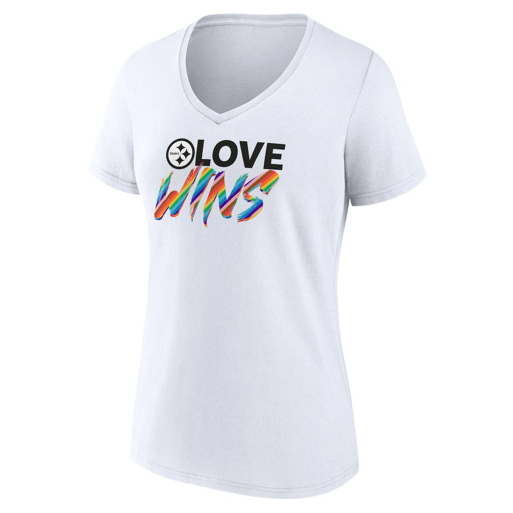 Pittsburgh Steelers Women's Love Wins V-Neck T-Shirt White