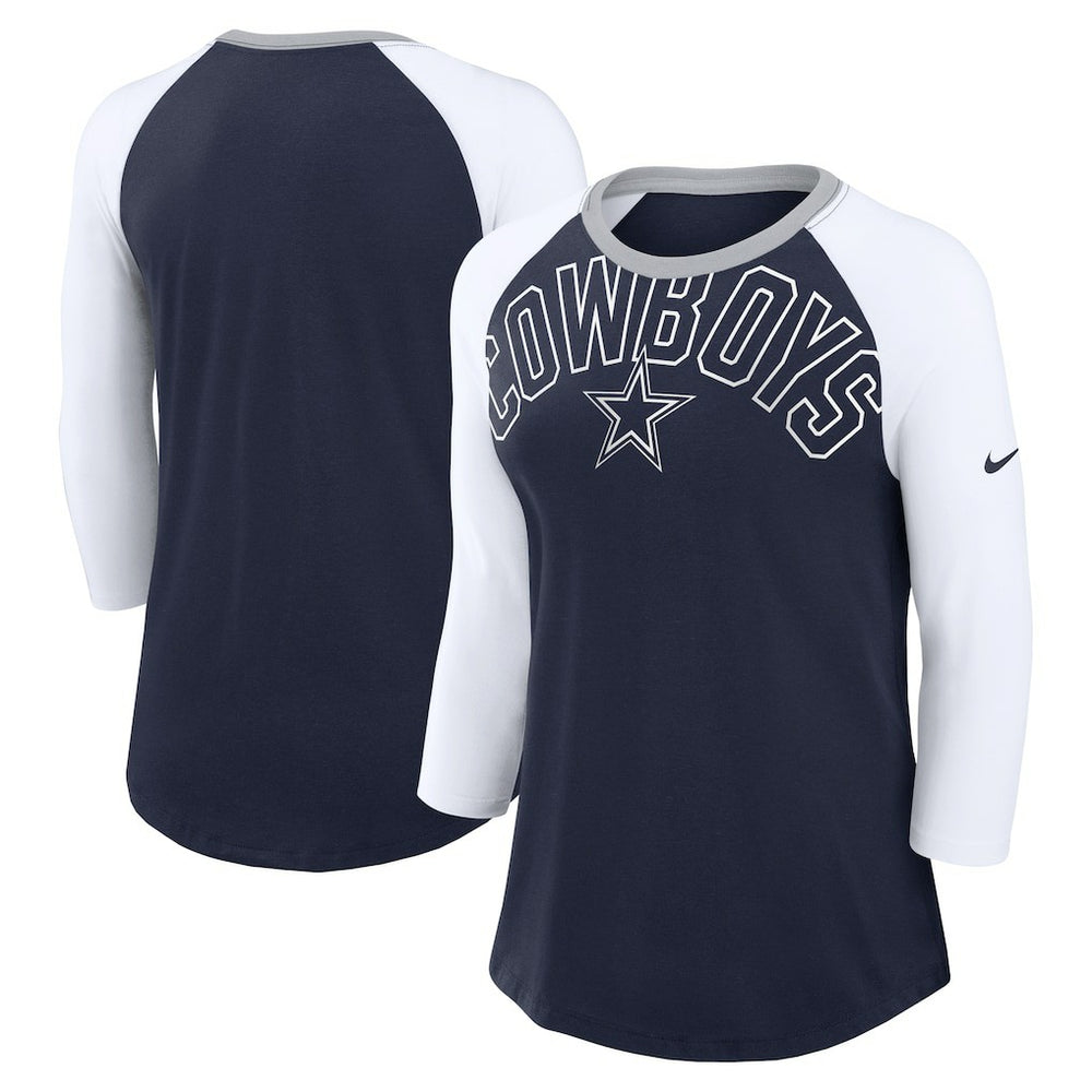 Dallas Cowboys Women's Knockout Arch Raglan Tri-Blend 3/4-Sleeve T-Shirt Navy/White