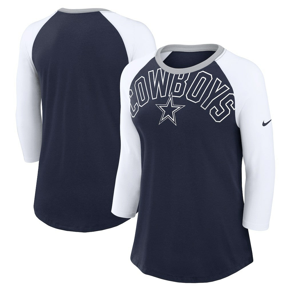 Dallas Cowboys Women's Knockout Arch Raglan Tri-Blend 3/4-Sleeve T-Shirt Navy/White