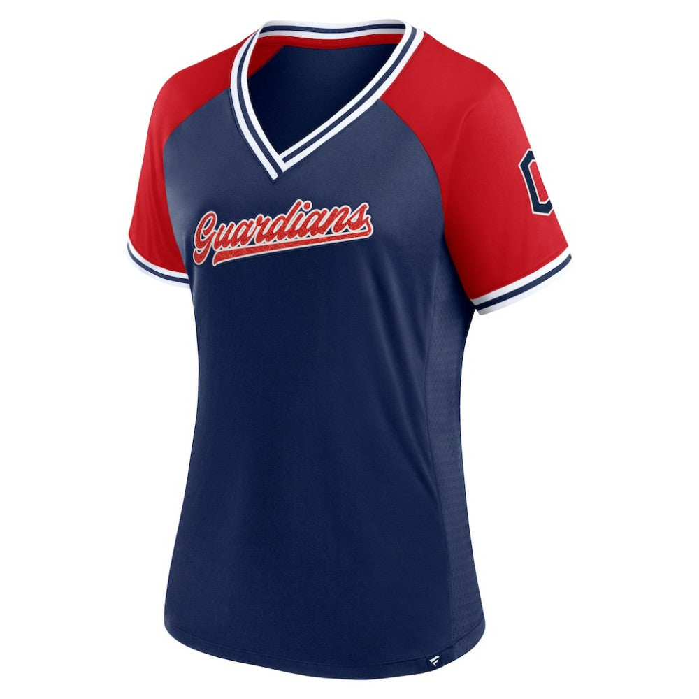 Cleveland Guardians Fanatics Women's Glitz & Glam League Diva Raglan V-Neck T-Shirt - Navy T-shirts
