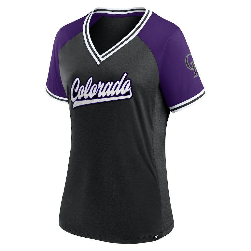 Colorado Rockies Fanatics Women's Glitz & Glam League Diva Raglan V-Neck T-Shirt - Black T-shirts