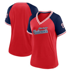 Washington Nationals Fanatics Women's Glitz & Glam League Diva Raglan V-Neck T-Shirt - Red T-shirts