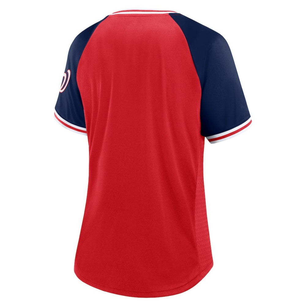 Washington Nationals Fanatics Women's Glitz & Glam League Diva Raglan V-Neck T-Shirt - Red T-shirts