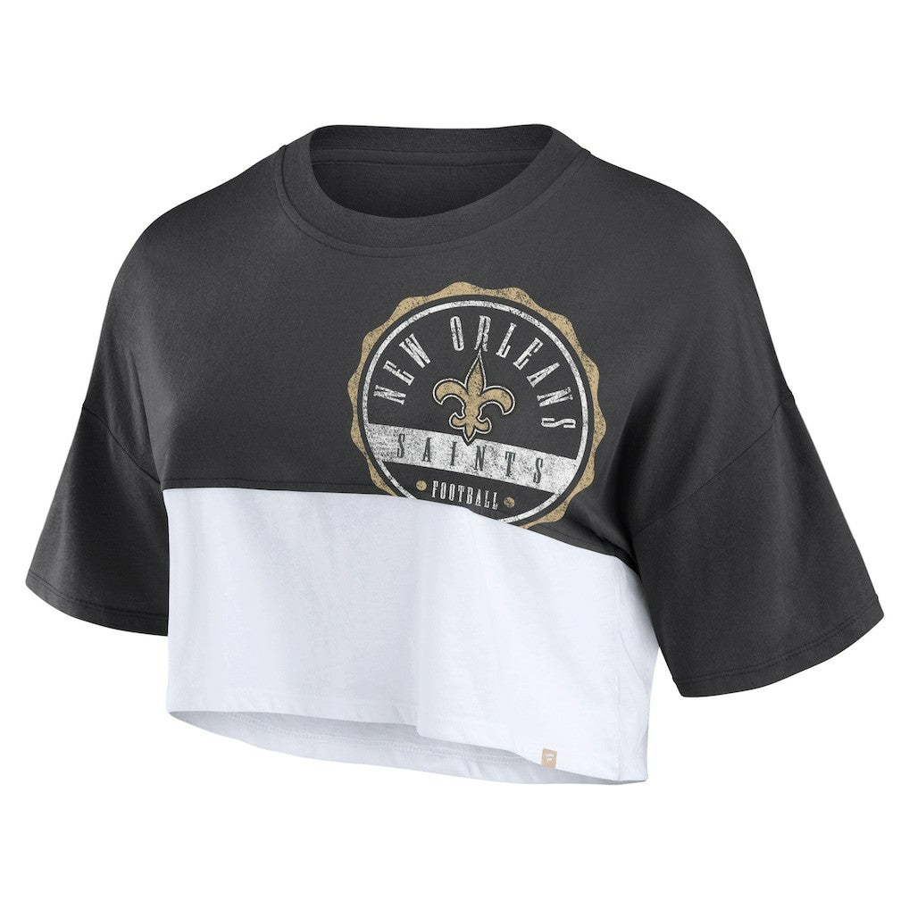 New Orleans Saints Women's Boxy Color Split Cropped T-Shirt Black/White