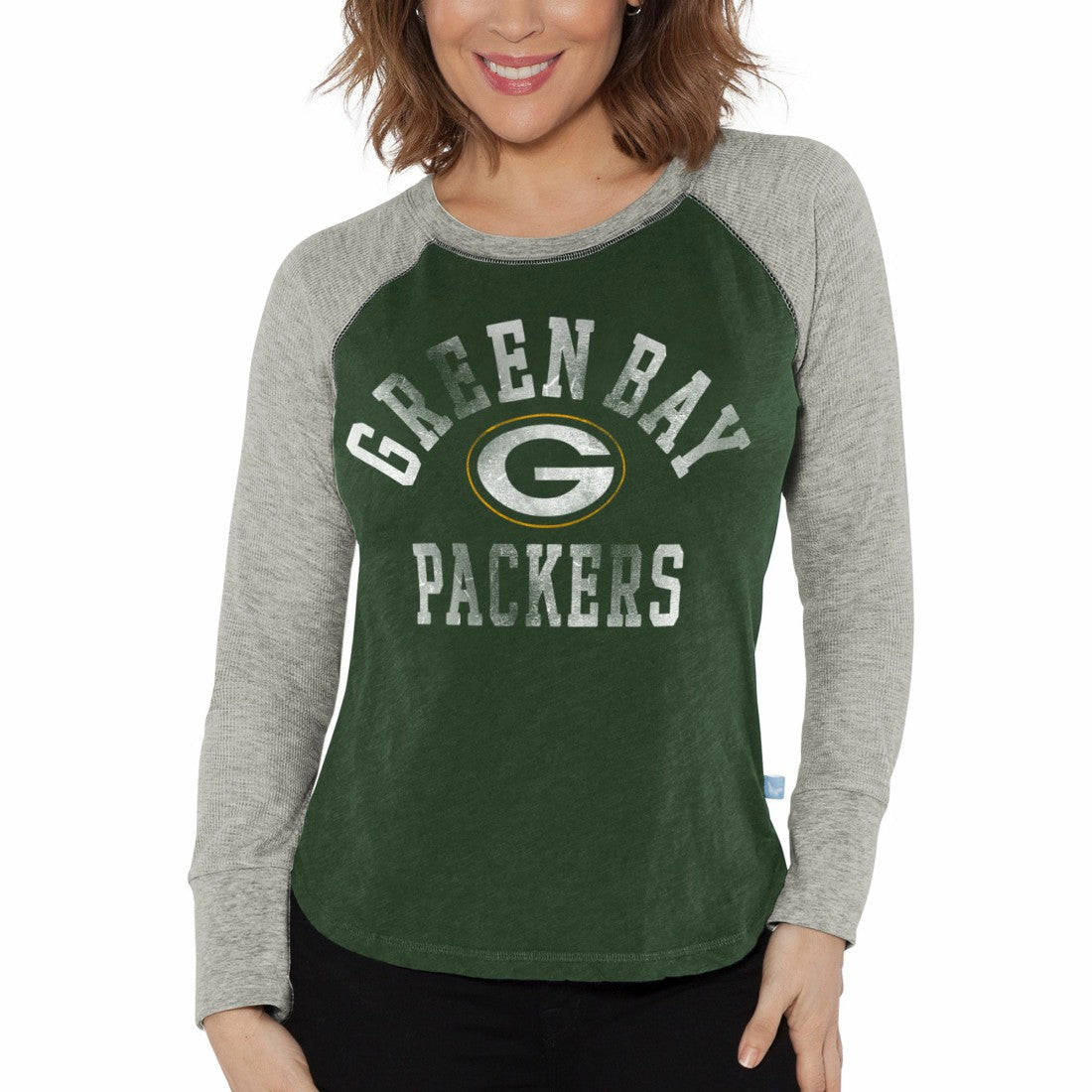 Green Bay Packers G-III 4Her by Carl Banks Women's Waffle Knit Raglan Long Sleeve T-Shirt Green/Heather Gray