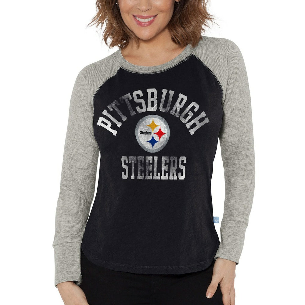 Pittsburgh Steelers G-III 4Her by Carl Banks Women's Waffle Knit Raglan Long Sleeve T-Shirt Black/Heather Gray