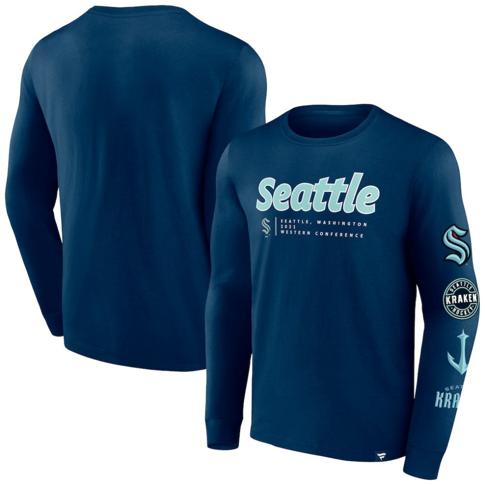 NHL Seattle Kraken Fanatics Strike the Goal Long Sleeve T-Shirt - Deep Sea Blue